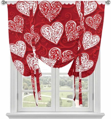Valentine's Day Tie Up Curtains for Window, Red Love Heart Romantic Art Thermal Insulated Balloon Shade Adjustable Rod Pocket Curtains Valance Panels for Kitchen Bathroom Café 46'' x 63'' in Kuwait