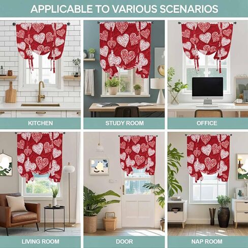 Valentine's Day Tie Up Curtains for Window, Red Love Heart Romantic Art Thermal Insulated Balloon Shade Adjustable Rod Pocket Curtains Valance Panels for Kitchen Bathroom Café 46'' x 63'' in Kuwait