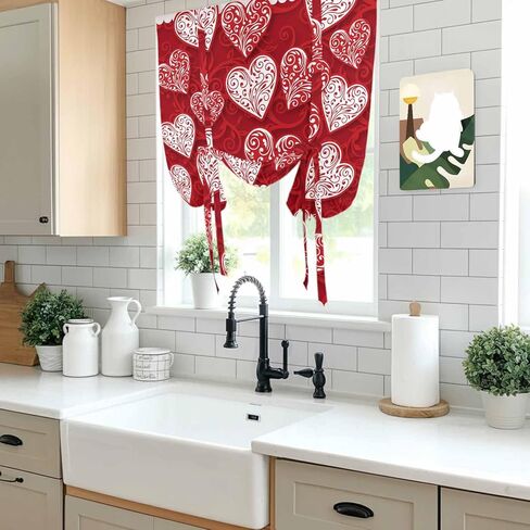 Valentine's Day Tie Up Curtains for Window, Red Love Heart Romantic Art Thermal Insulated Balloon Shade Adjustable Rod Pocket Curtains Valance Panels for Kitchen Bathroom Café 46'' x 63'' in Kuwait
