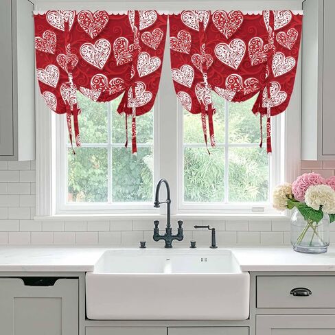 Valentine's Day Tie Up Curtains for Window, Red Love Heart Romantic Art Thermal Insulated Balloon Shade Adjustable Rod Pocket Curtains Valance Panels for Kitchen Bathroom Café 46'' x 63'' in Kuwait
