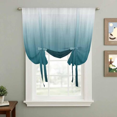 Blue Ombre Tie Up Curtains for Window, Contemporary Gradient Abstract Art Thermal Insulated Balloon Shade Adjustable Rod Pocket Curtains Valance Panels for Kitchen Bathroom Café 42'' x 63'' in Kuwait
