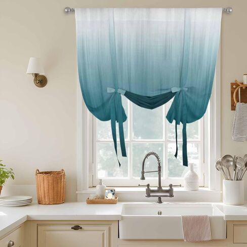 Blue Ombre Tie Up Curtains for Window, Contemporary Gradient Abstract Art Thermal Insulated Balloon Shade Adjustable Rod Pocket Curtains Valance Panels for Kitchen Bathroom Café 42'' x 63'' in Kuwait