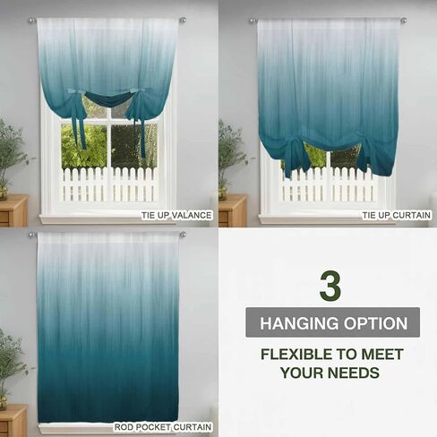 Blue Ombre Tie Up Curtains for Window, Contemporary Gradient Abstract Art Thermal Insulated Balloon Shade Adjustable Rod Pocket Curtains Valance Panels for Kitchen Bathroom Café 42'' x 63'' in Kuwait