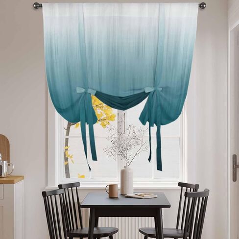 Blue Ombre Tie Up Curtains for Window, Contemporary Gradient Abstract Art Thermal Insulated Balloon Shade Adjustable Rod Pocket Curtains Valance Panels for Kitchen Bathroom Café 42'' x 63'' in Kuwait