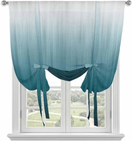 Blue Ombre Tie Up Curtains for Window, Contemporary Gradient Abstract Art Thermal Insulated Balloon Shade Adjustable Rod Pocket Curtains Valance Panels for Kitchen Bathroom Café 42'' x 63'' in Kuwait