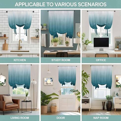 Blue Ombre Tie Up Curtains for Window, Contemporary Gradient Abstract Art Thermal Insulated Balloon Shade Adjustable Rod Pocket Curtains Valance Panels for Kitchen Bathroom Café 42'' x 63'' in Kuwait