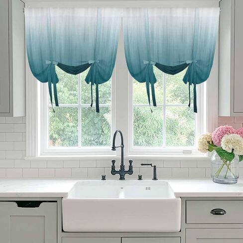 Blue Ombre Tie Up Curtains for Window, Contemporary Gradient Abstract Art Thermal Insulated Balloon Shade Adjustable Rod Pocket Curtains Valance Panels for Kitchen Bathroom Café 42'' x 63'' in Kuwait