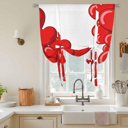 Valentine's Day Red Heart Tie Up Curtains for Window, Cartoon Love Balloons Modern Art Thermal Balloon Shade Adjustable Rod Pocket Curtains Valance Panels for Kitchen Bathroom Café 46'' x 63'' in Kuwait