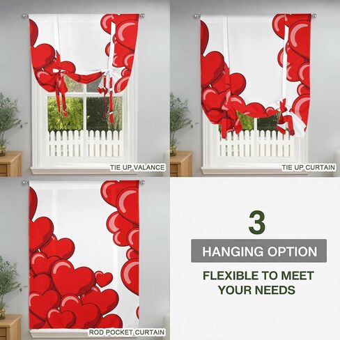 Valentine's Day Red Heart Tie Up Curtains for Window, Cartoon Love Balloons Modern Art Thermal Balloon Shade Adjustable Rod Pocket Curtains Valance Panels for Kitchen Bathroom Café 46'' x 63'' in Kuwait
