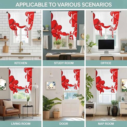 Valentine's Day Red Heart Tie Up Curtains for Window, Cartoon Love Balloons Modern Art Thermal Balloon Shade Adjustable Rod Pocket Curtains Valance Panels for Kitchen Bathroom Café 46'' x 63'' in Kuwait
