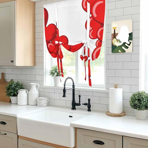 Valentine's Day Red Heart Tie Up Curtains for Window, Cartoon Love Balloons Modern Art Thermal Balloon Shade Adjustable Rod Pocket Curtains Valance Panels for Kitchen Bathroom Café 46'' x 63'' in Kuwait
