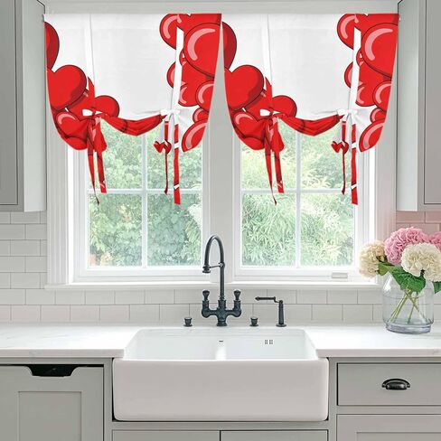Valentine's Day Red Heart Tie Up Curtains for Window, Cartoon Love Balloons Modern Art Thermal Balloon Shade Adjustable Rod Pocket Curtains Valance Panels for Kitchen Bathroom Café 46'' x 63'' in Kuwait