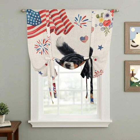 4th of July Tie Up Curtains for Window, Independence Day Usa Flag Dog Firework Flower Thermal Balloon Shade Adjustable Rod Pocket Curtains Valance Panels for Kitchen Bathroom Café 52'' x 45'' in Kuwait