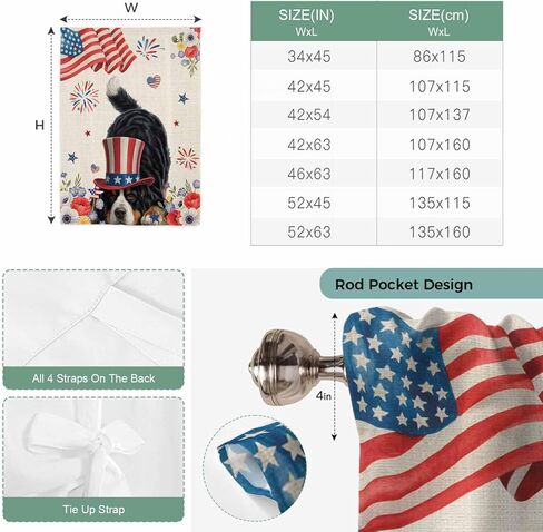 4th of July Tie Up Curtains for Window, Independence Day Usa Flag Dog Firework Flower Thermal Balloon Shade Adjustable Rod Pocket Curtains Valance Panels for Kitchen Bathroom Café 52'' x 45'' in Kuwait