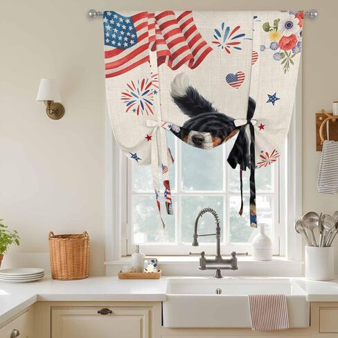 4th of July Tie Up Curtains for Window, Independence Day Usa Flag Dog Firework Flower Thermal Balloon Shade Adjustable Rod Pocket Curtains Valance Panels for Kitchen Bathroom Café 52'' x 45'' in Kuwait