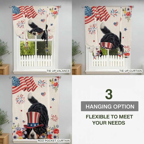 4th of July Tie Up Curtains for Window, Independence Day Usa Flag Dog Firework Flower Thermal Balloon Shade Adjustable Rod Pocket Curtains Valance Panels for Kitchen Bathroom Café 52'' x 45'' in Kuwait