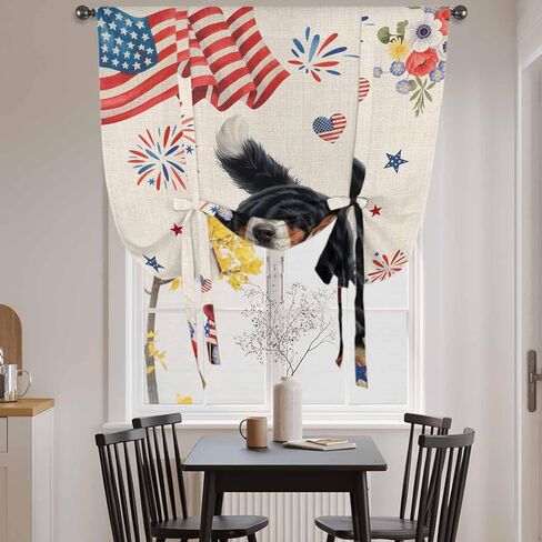 4th of July Tie Up Curtains for Window, Independence Day Usa Flag Dog Firework Flower Thermal Balloon Shade Adjustable Rod Pocket Curtains Valance Panels for Kitchen Bathroom Café 52'' x 45'' in Kuwait