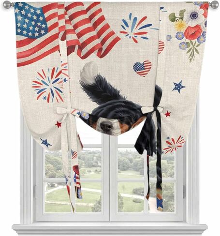 4th of July Tie Up Curtains for Window, Independence Day Usa Flag Dog Firework Flower Thermal Balloon Shade Adjustable Rod Pocket Curtains Valance Panels for Kitchen Bathroom Café 52'' x 45'' in Kuwait