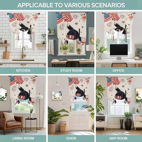 4th of July Tie Up Curtains for Window, Independence Day Usa Flag Dog Firework Flower Thermal Balloon Shade Adjustable Rod Pocket Curtains Valance Panels for Kitchen Bathroom Café 52'' x 45'' in Kuwait