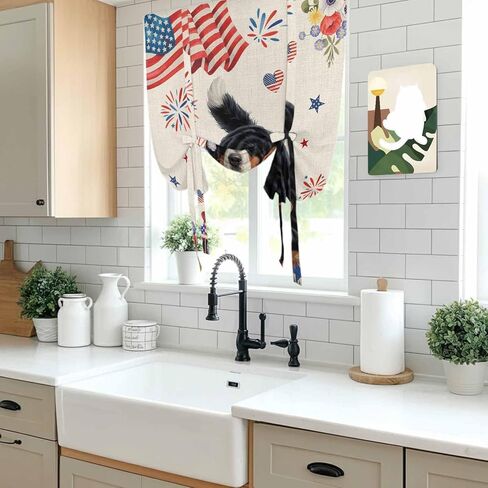 4th of July Tie Up Curtains for Window, Independence Day Usa Flag Dog Firework Flower Thermal Balloon Shade Adjustable Rod Pocket Curtains Valance Panels for Kitchen Bathroom Café 52'' x 45'' in Kuwait