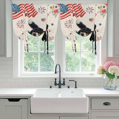 4th of July Tie Up Curtains for Window, Independence Day Usa Flag Dog Firework Flower Thermal Balloon Shade Adjustable Rod Pocket Curtains Valance Panels for Kitchen Bathroom Café 52'' x 45'' in Kuwait