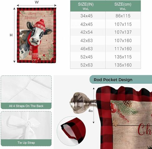 Red Christmas Tie Up Curtains for Window, Cow Farmhouse Plaid Xmas Botanical Wooden Thermal Insulated Balloon Shade Adjustable Rod Pocket Curtains Valance Panels for Kitchen Bathroom Café 42'' x 45'' in Kuwait