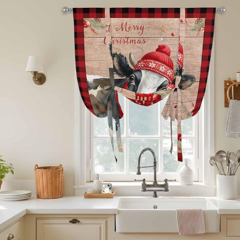 Red Christmas Tie Up Curtains for Window, Cow Farmhouse Plaid Xmas Botanical Wooden Thermal Insulated Balloon Shade Adjustable Rod Pocket Curtains Valance Panels for Kitchen Bathroom Café 42'' x 45'' in Kuwait