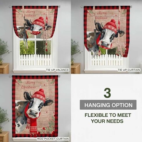 Red Christmas Tie Up Curtains for Window, Cow Farmhouse Plaid Xmas Botanical Wooden Thermal Insulated Balloon Shade Adjustable Rod Pocket Curtains Valance Panels for Kitchen Bathroom Café 42'' x 45'' in Kuwait