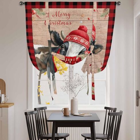 Red Christmas Tie Up Curtains for Window, Cow Farmhouse Plaid Xmas Botanical Wooden Thermal Insulated Balloon Shade Adjustable Rod Pocket Curtains Valance Panels for Kitchen Bathroom Café 42'' x 45'' in Kuwait