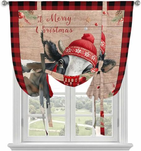 Red Christmas Tie Up Curtains for Window, Cow Farmhouse Plaid Xmas Botanical Wooden Thermal Insulated Balloon Shade Adjustable Rod Pocket Curtains Valance Panels for Kitchen Bathroom Café 42'' x 45'' in Kuwait