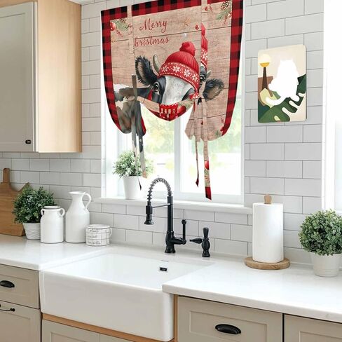 Red Christmas Tie Up Curtains for Window, Cow Farmhouse Plaid Xmas Botanical Wooden Thermal Insulated Balloon Shade Adjustable Rod Pocket Curtains Valance Panels for Kitchen Bathroom Café 42'' x 45'' in Kuwait