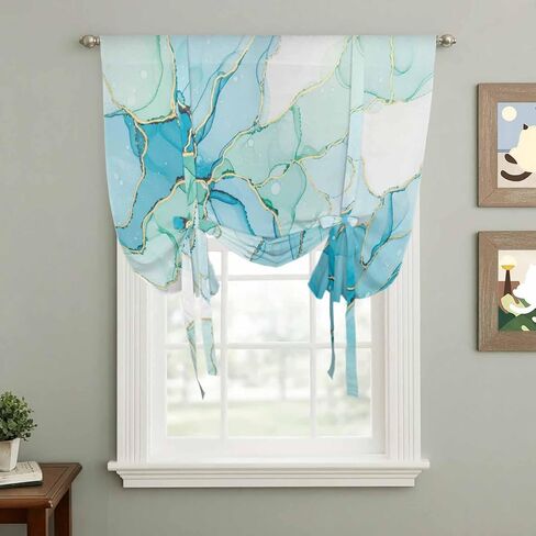 Turquoise Blue Marble Tie Up Curtains for Window, Modern Abstract Art Cracks Thermal Insulated Balloon Shade Adjustable Rod Pocket Curtains Valance Panels for Kitchen Bathroom Café 52'' x 45'' in Kuwait