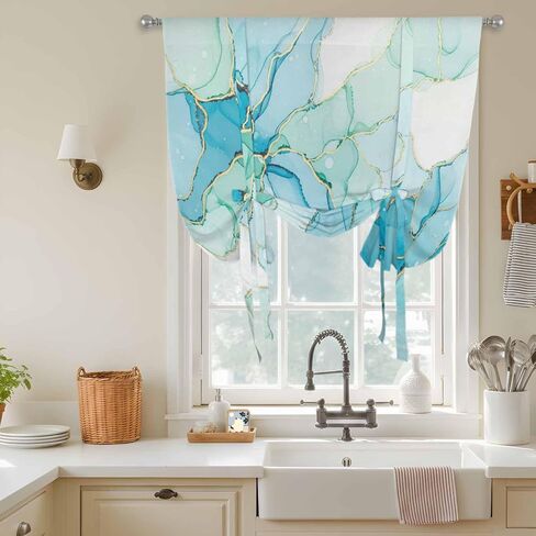 Turquoise Blue Marble Tie Up Curtains for Window, Modern Abstract Art Cracks Thermal Insulated Balloon Shade Adjustable Rod Pocket Curtains Valance Panels for Kitchen Bathroom Café 52'' x 45'' in Kuwait