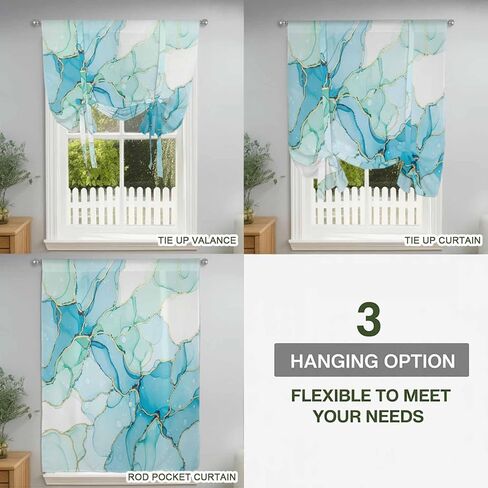 Turquoise Blue Marble Tie Up Curtains for Window, Modern Abstract Art Cracks Thermal Insulated Balloon Shade Adjustable Rod Pocket Curtains Valance Panels for Kitchen Bathroom Café 52'' x 45'' in Kuwait