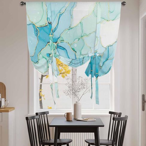 Turquoise Blue Marble Tie Up Curtains for Window, Modern Abstract Art Cracks Thermal Insulated Balloon Shade Adjustable Rod Pocket Curtains Valance Panels for Kitchen Bathroom Café 52'' x 45'' in Kuwait