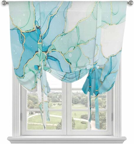 Turquoise Blue Marble Tie Up Curtains for Window, Modern Abstract Art Cracks Thermal Insulated Balloon Shade Adjustable Rod Pocket Curtains Valance Panels for Kitchen Bathroom Café 52'' x 45'' in Kuwait