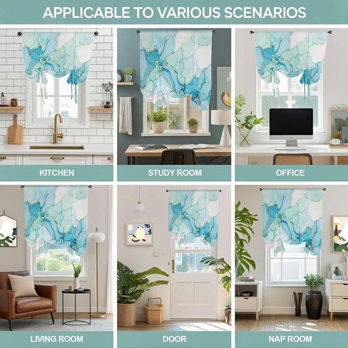 Turquoise Blue Marble Tie Up Curtains for Window, Modern Abstract Art Cracks Thermal Insulated Balloon Shade Adjustable Rod Pocket Curtains Valance Panels for Kitchen Bathroom Café 52'' x 45'' in Kuwait