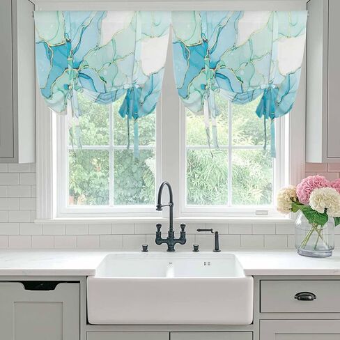 Turquoise Blue Marble Tie Up Curtains for Window, Modern Abstract Art Cracks Thermal Insulated Balloon Shade Adjustable Rod Pocket Curtains Valance Panels for Kitchen Bathroom Café 52'' x 45'' in Kuwait