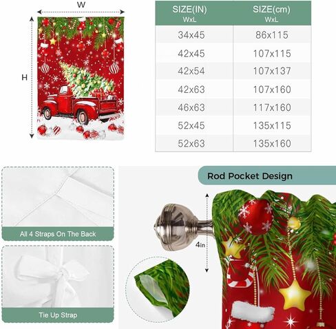 Red Christmas Tie Up Curtains for Window, Truck Pine Trees Branches Balls Snowflakes Thermal Insulated Balloon Shade Adjustable Rod Pocket Curtains Valance Panels for Kitchen Bathroom Café 42'' x 63'' in Kuwait