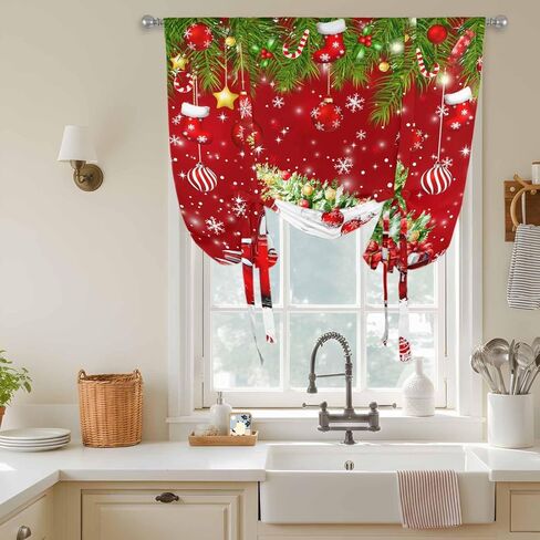 Red Christmas Tie Up Curtains for Window, Truck Pine Trees Branches Balls Snowflakes Thermal Insulated Balloon Shade Adjustable Rod Pocket Curtains Valance Panels for Kitchen Bathroom Café 42'' x 63'' in Kuwait