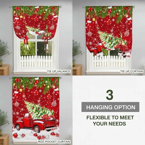 Red Christmas Tie Up Curtains for Window, Truck Pine Trees Branches Balls Snowflakes Thermal Insulated Balloon Shade Adjustable Rod Pocket Curtains Valance Panels for Kitchen Bathroom Café 42'' x 63'' in Kuwait