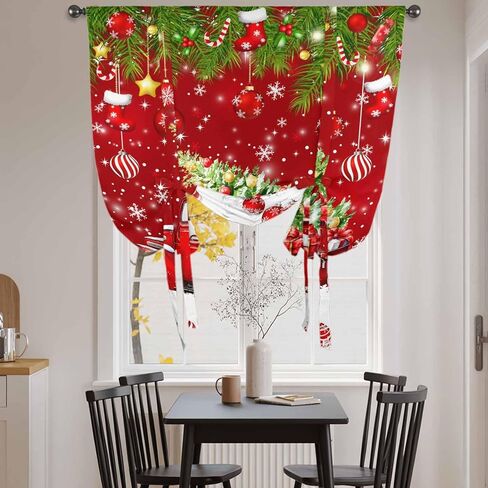 Red Christmas Tie Up Curtains for Window, Truck Pine Trees Branches Balls Snowflakes Thermal Insulated Balloon Shade Adjustable Rod Pocket Curtains Valance Panels for Kitchen Bathroom Café 42'' x 63'' in Kuwait