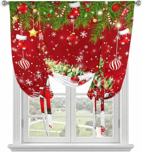 Red Christmas Tie Up Curtains for Window, Truck Pine Trees Branches Balls Snowflakes Thermal Insulated Balloon Shade Adjustable Rod Pocket Curtains Valance Panels for Kitchen Bathroom Café 42'' x 63'' in Kuwait