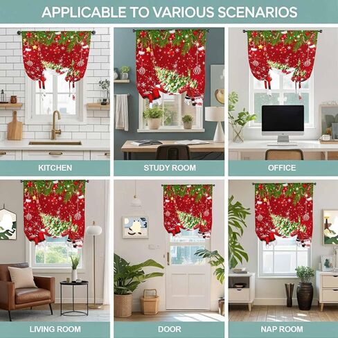 Red Christmas Tie Up Curtains for Window, Truck Pine Trees Branches Balls Snowflakes Thermal Insulated Balloon Shade Adjustable Rod Pocket Curtains Valance Panels for Kitchen Bathroom Café 42'' x 63'' in Kuwait