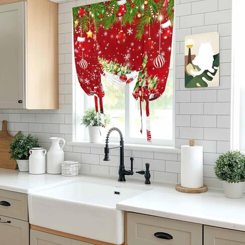 Red Christmas Tie Up Curtains for Window, Truck Pine Trees Branches Balls Snowflakes Thermal Insulated Balloon Shade Adjustable Rod Pocket Curtains Valance Panels for Kitchen Bathroom Café 42'' x 63'' in Kuwait