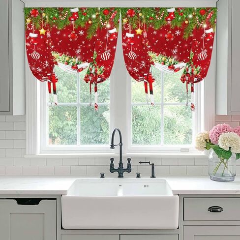 Red Christmas Tie Up Curtains for Window, Truck Pine Trees Branches Balls Snowflakes Thermal Insulated Balloon Shade Adjustable Rod Pocket Curtains Valance Panels for Kitchen Bathroom Café 42'' x 63'' in Kuwait