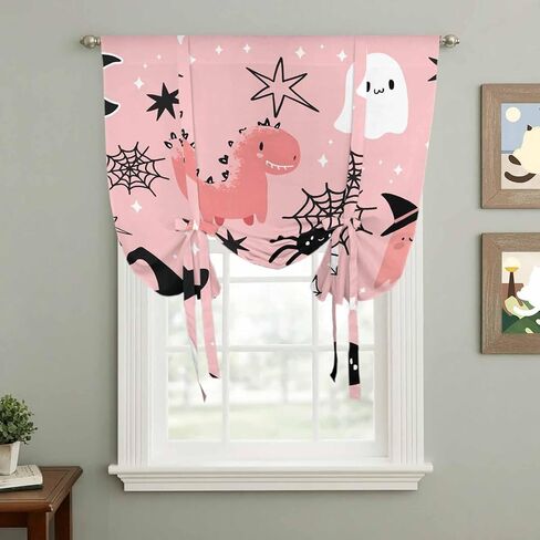 Halloween Tie Up Curtains for Window, Cute Cartoon Ghosts Black Bat Moon Star Pink Thermal Insulated Balloon Shade Adjustable Rod Pocket Curtains Valance Panels for Kitchen Bathroom Café 42'' x 45'' in Kuwait
