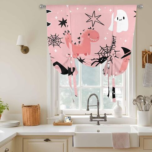 Halloween Tie Up Curtains for Window, Cute Cartoon Ghosts Black Bat Moon Star Pink Thermal Insulated Balloon Shade Adjustable Rod Pocket Curtains Valance Panels for Kitchen Bathroom Café 42'' x 45'' in Kuwait