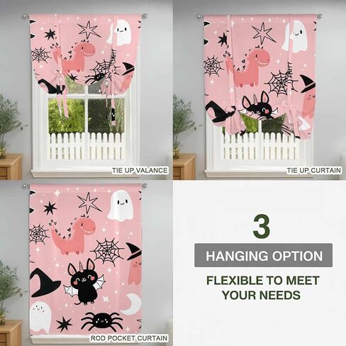 Halloween Tie Up Curtains for Window, Cute Cartoon Ghosts Black Bat Moon Star Pink Thermal Insulated Balloon Shade Adjustable Rod Pocket Curtains Valance Panels for Kitchen Bathroom Café 42'' x 45'' in Kuwait