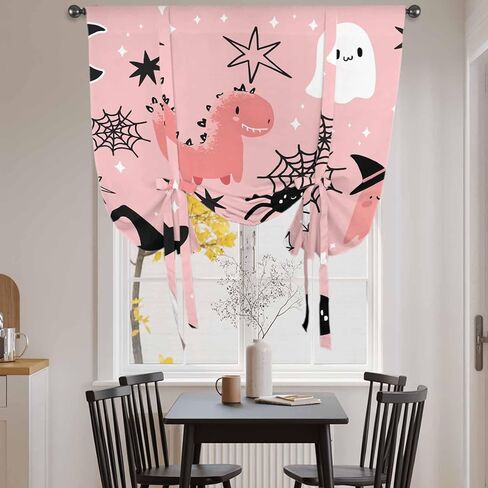Halloween Tie Up Curtains for Window, Cute Cartoon Ghosts Black Bat Moon Star Pink Thermal Insulated Balloon Shade Adjustable Rod Pocket Curtains Valance Panels for Kitchen Bathroom Café 42'' x 45'' in Kuwait